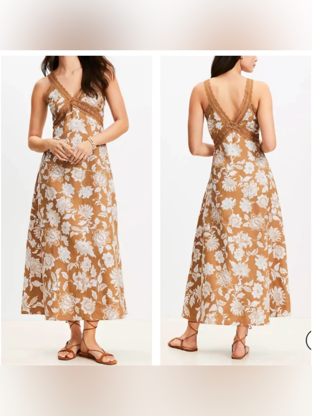 LOFT Tan Maxi Slip Dress with Cream Floral Print & Lace Trim